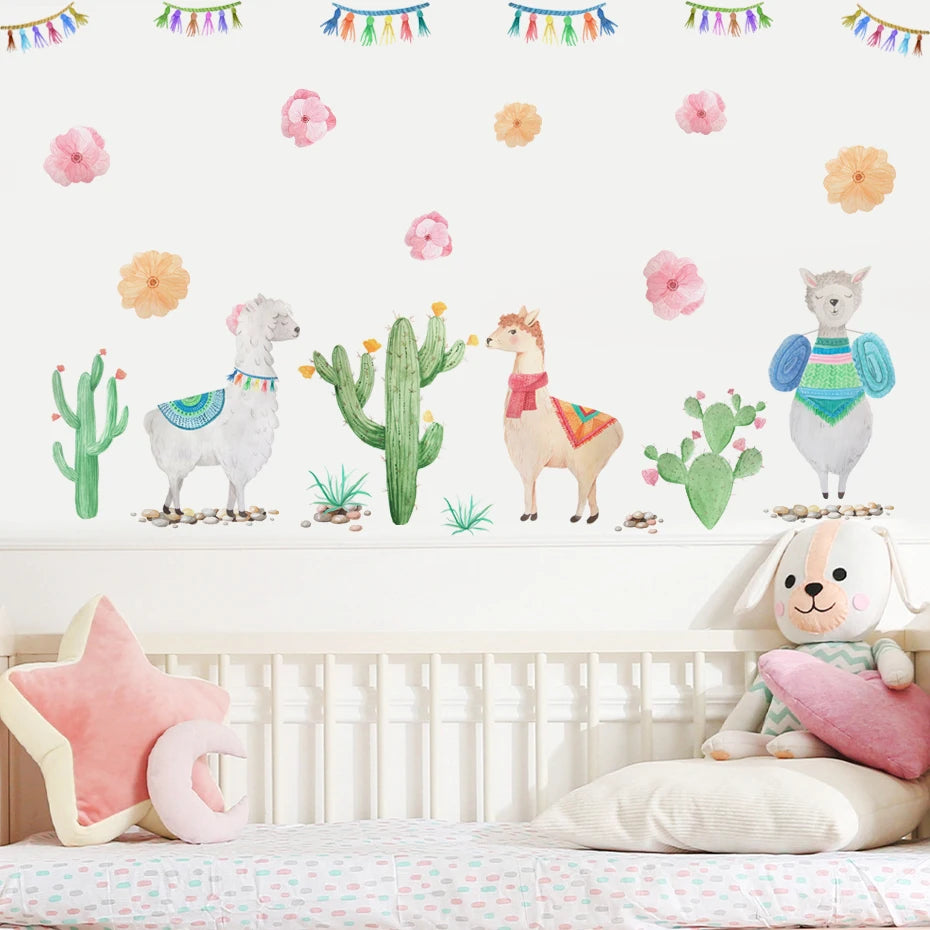 Boho Alpaca Cactus Nursery Wall Decals Kids Room Decor