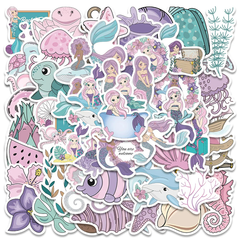 56PCS Pink Kawaii Mermaid Stickers for Skateboard, Notebook, Fridge, Phone, Guitar, Luggage, Kids Toy