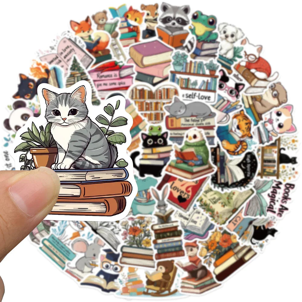 50pcs Retro Aesthetic Cartoon Animals Reading Book Stickers For Luggage Laptop Water Bottle Guitar Waterproof Graffiti Decals