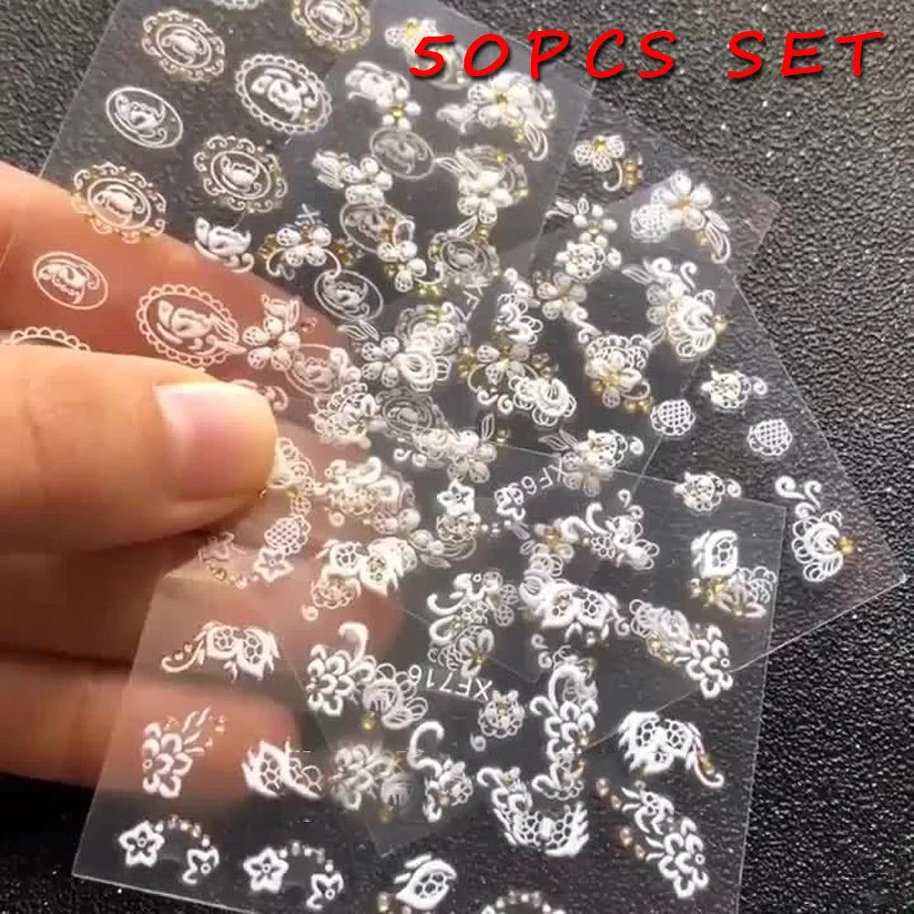 50x 3D Flower Nail Art Stickers: Black/White/Colorful