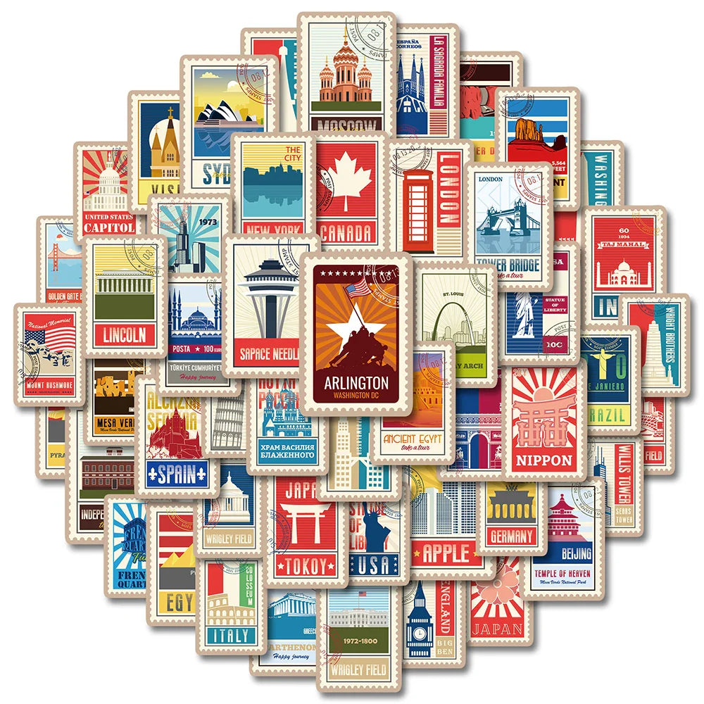 Retro Landmark Stickers 10/30/50pcs Waterproof Decal for Luggage, Laptop, Phone, Car, Bike, Skateboard