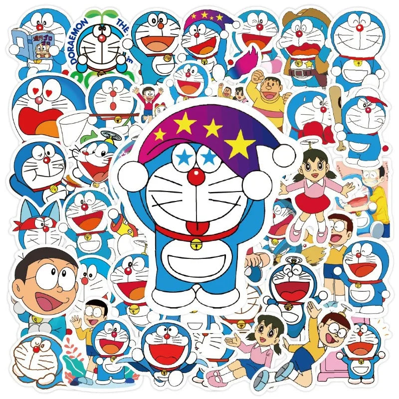 50pcs Doraemon Stickers for Laptop, Phone, Car, Scooter, Water Bottle, Suitcase, Refrigerator