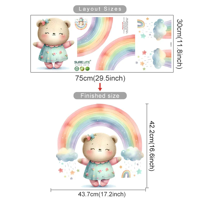 Cute Bear Rainbow Cloud Wall Stickers Removable Nursery Decor Decals