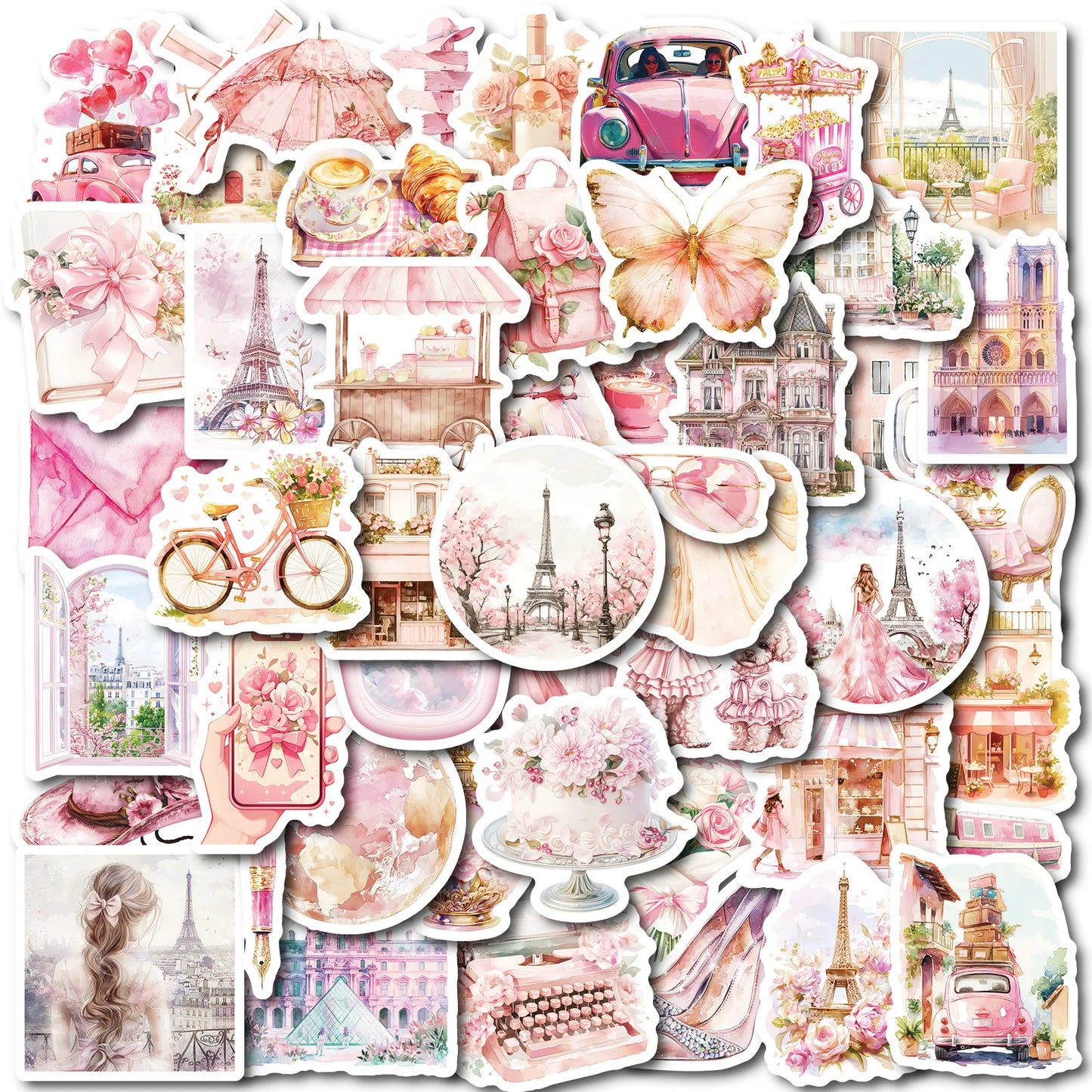 50Pcs Pink Paris Travel Cartoon Stickers for Helmet Wall DIY Decoration