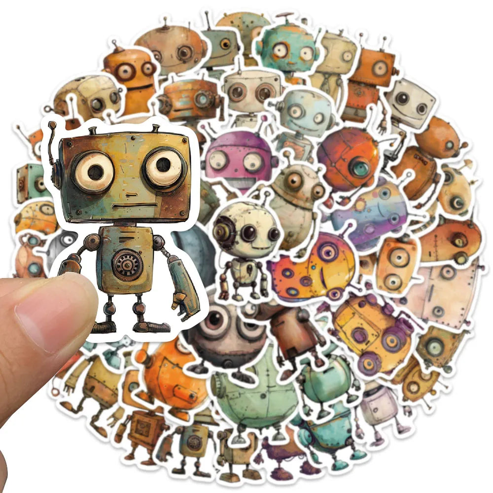 50pcs Vintage Cartoon Whimsical Robot Stickers Laptop Decals Luggage Guitar Diary Phone Waterproof Graffiti Vinyl Car Stickers