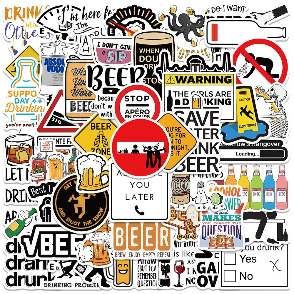 50PCS Funny Alcohol Stickers for Laptop, Helmet, Suitcase, Fridge, Bike, Motorcycle, Waterproof Decals