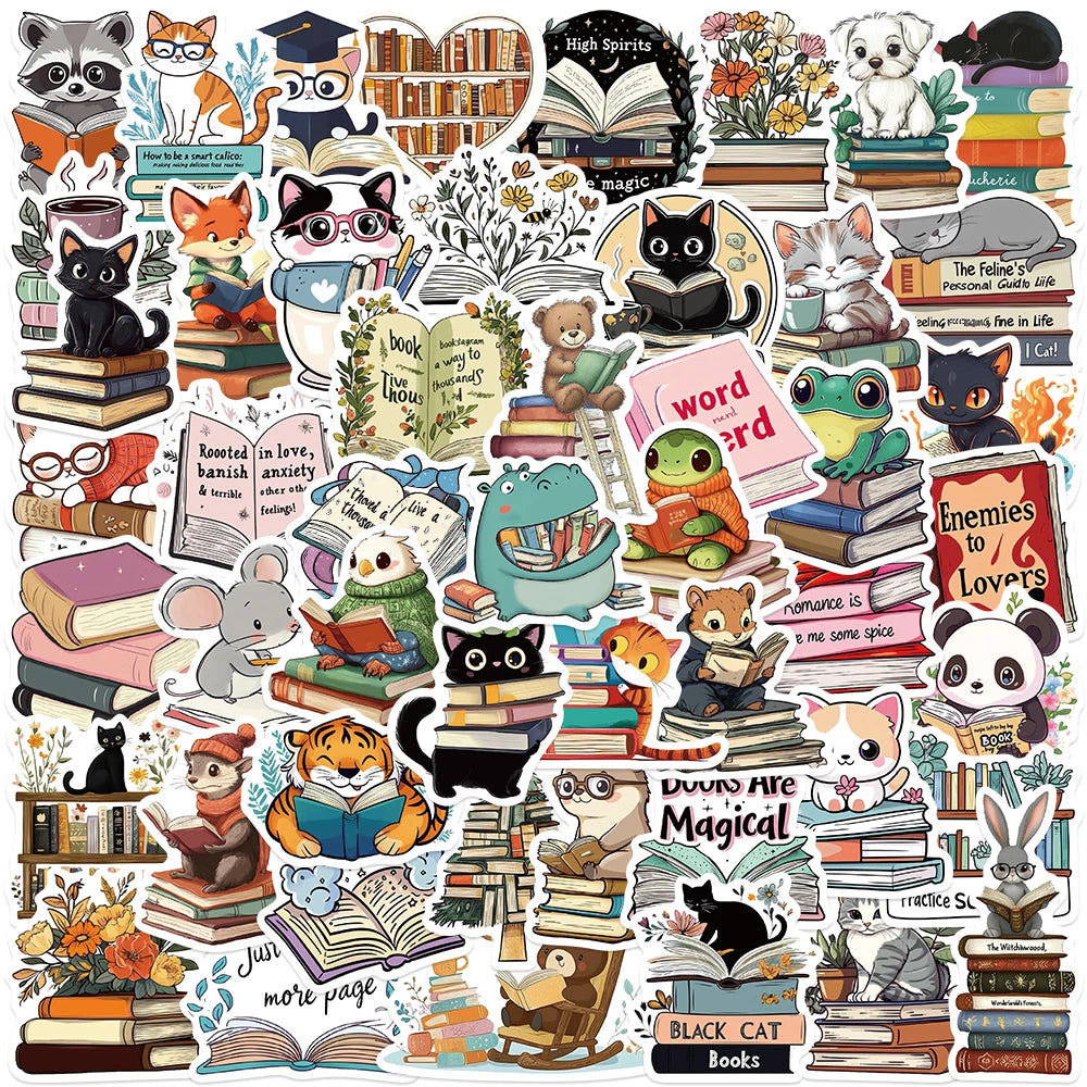 50pcs Retro Aesthetic Cartoon Animals Reading Book Stickers For Luggage Laptop Water Bottle Guitar Waterproof Graffiti Decals