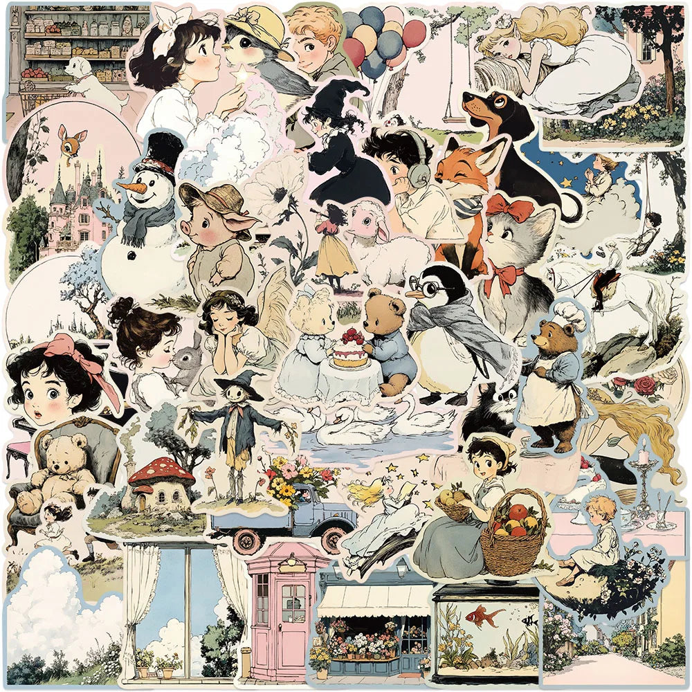 50pcs Retro Aesthetic Cartoon Fairy Tale World Stickers For Luggage Guitar Laptop Phone Diary Waterproof Graffiti Vinyl Decals