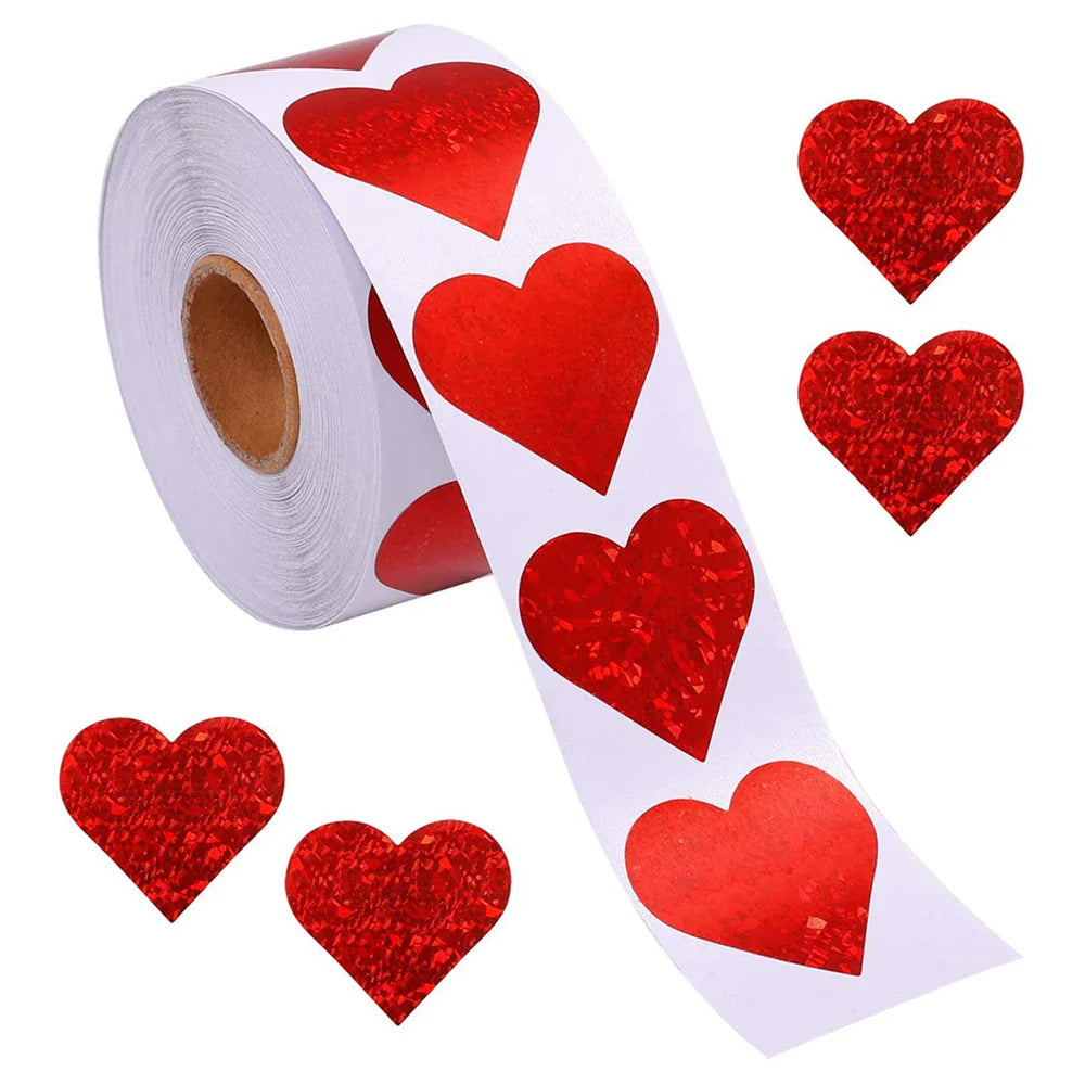 Valentine's Day Heart Stickers, 500pcs Roll, Glitter Red