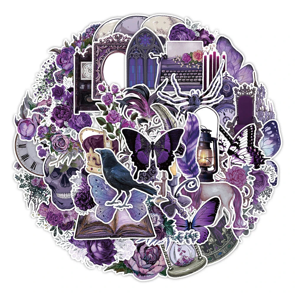 Gothic Purple Skull Flower Stickers 10/30/50pcs - Aesthetic Decals for Notebook, Phone, Suitcase, Car, Motorcycle