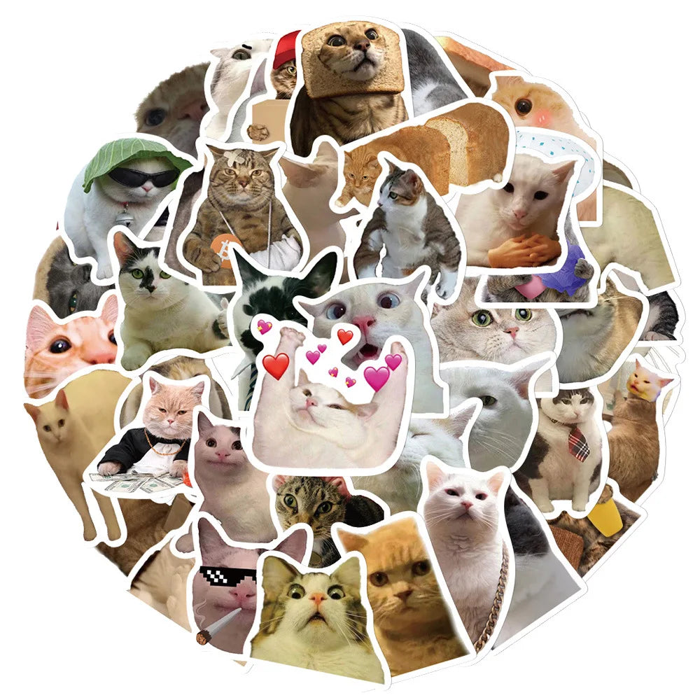 10/30/50PCS Cat Cartoon Stickers Funny Meme Kids Toy DIY Waterproof Luggage Laptop Suitcase Water Bike Bottle Decals Decoration