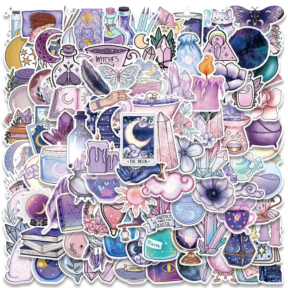 Cartoon Witch Moon Crystal Stickers - 10/30/50/100pcs Aesthetic Laptop Phone Decals
