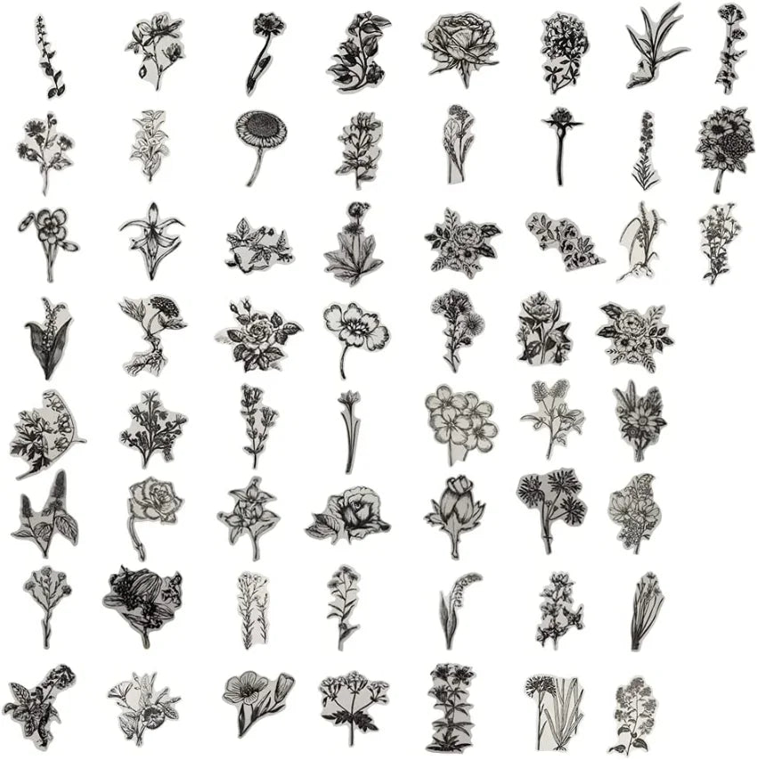 60 PCS Black and White Vintage Retro Flower Plant Stickers Decals for Laptop Scrapbooking Journal Planner Card Making