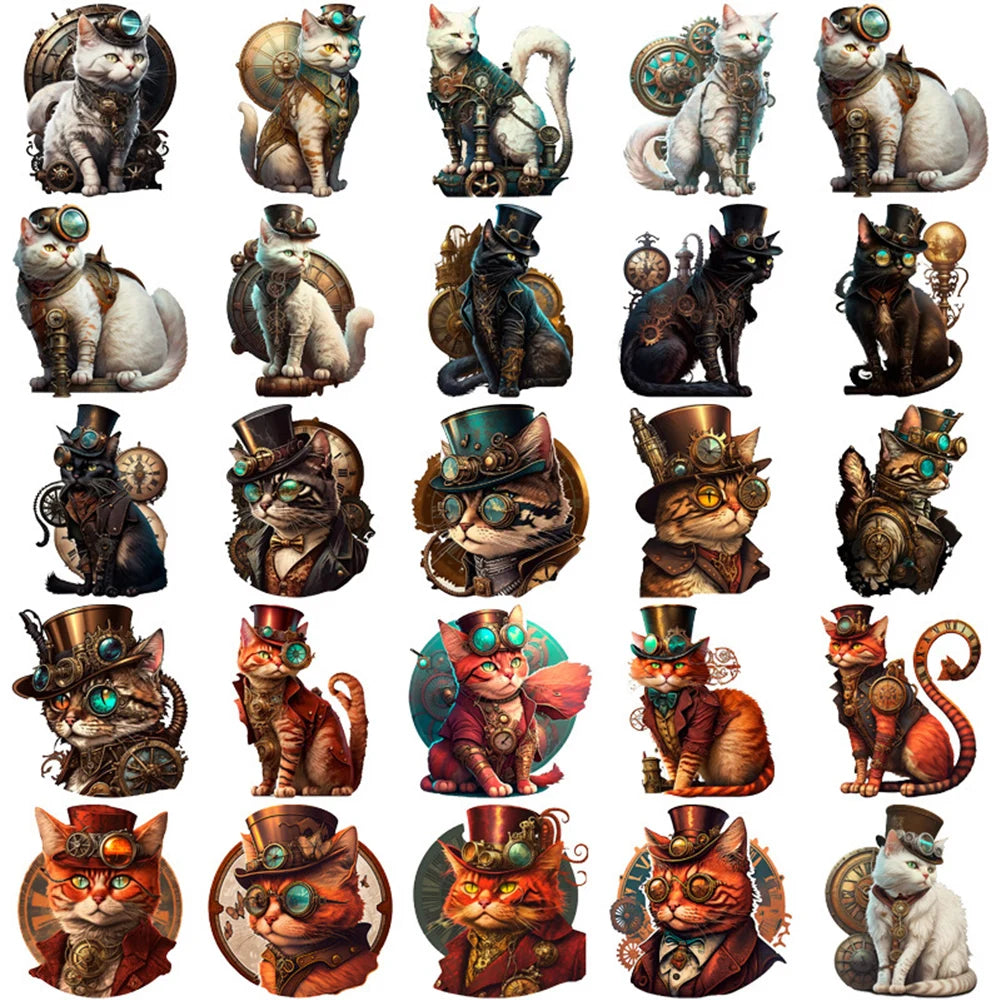 10/30/50pcs Vintage Steampunk Cat Sticker Packs
