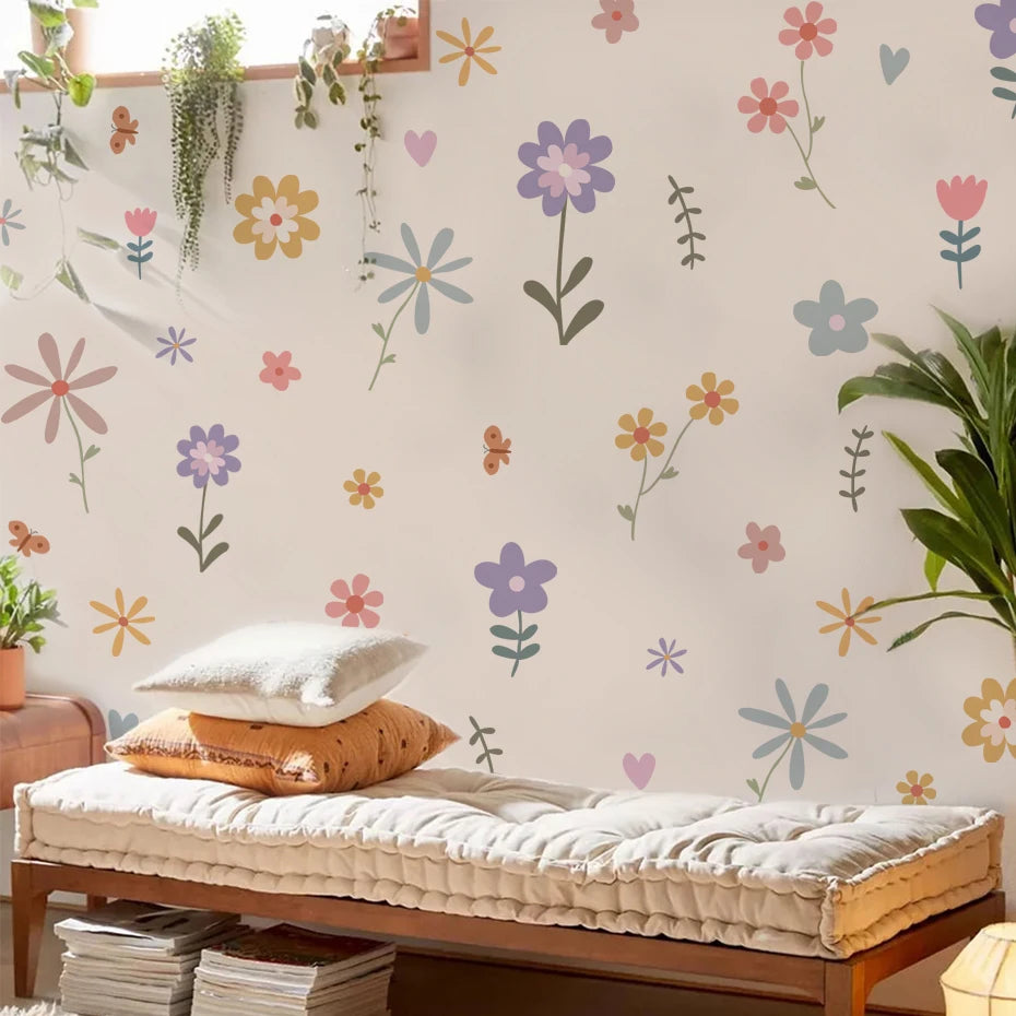 Cartoon Flower Wall Stickers for Kids Nursery Bedroom Decor Removable PVC Decals