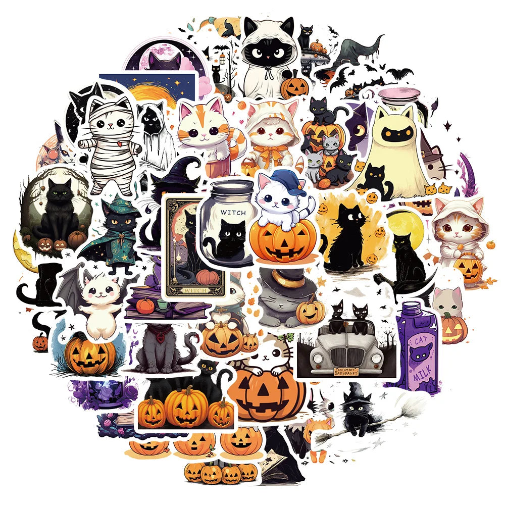 Halloween Black Cat Pumpkin Stickers - Waterproof PVC for Car, Phone, Luggage, Guitar, Laptop (10/30/50PCS)