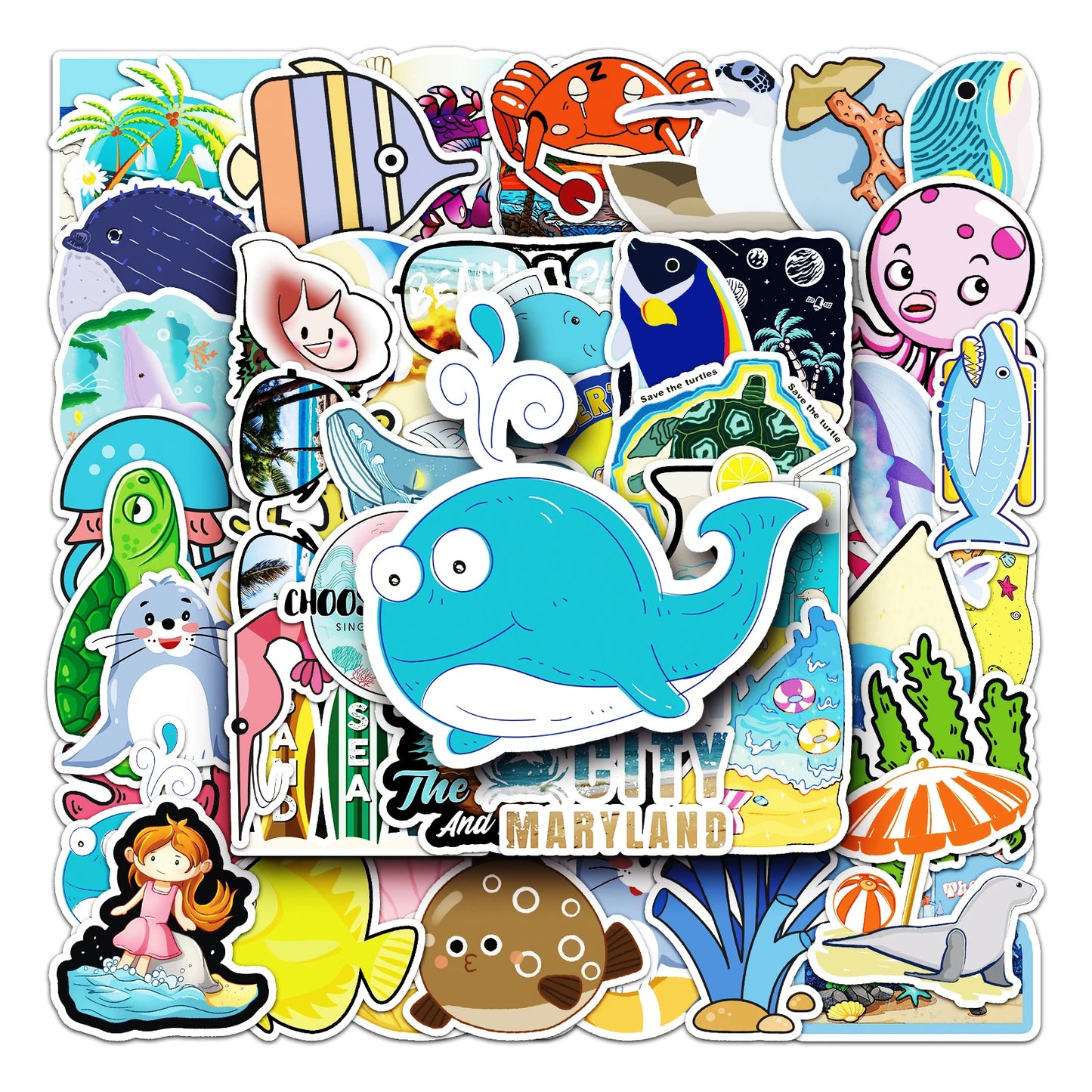 50Pcs Ocean Cartoon Waterproof Vinyl Stickers for Skateboard Snowboard