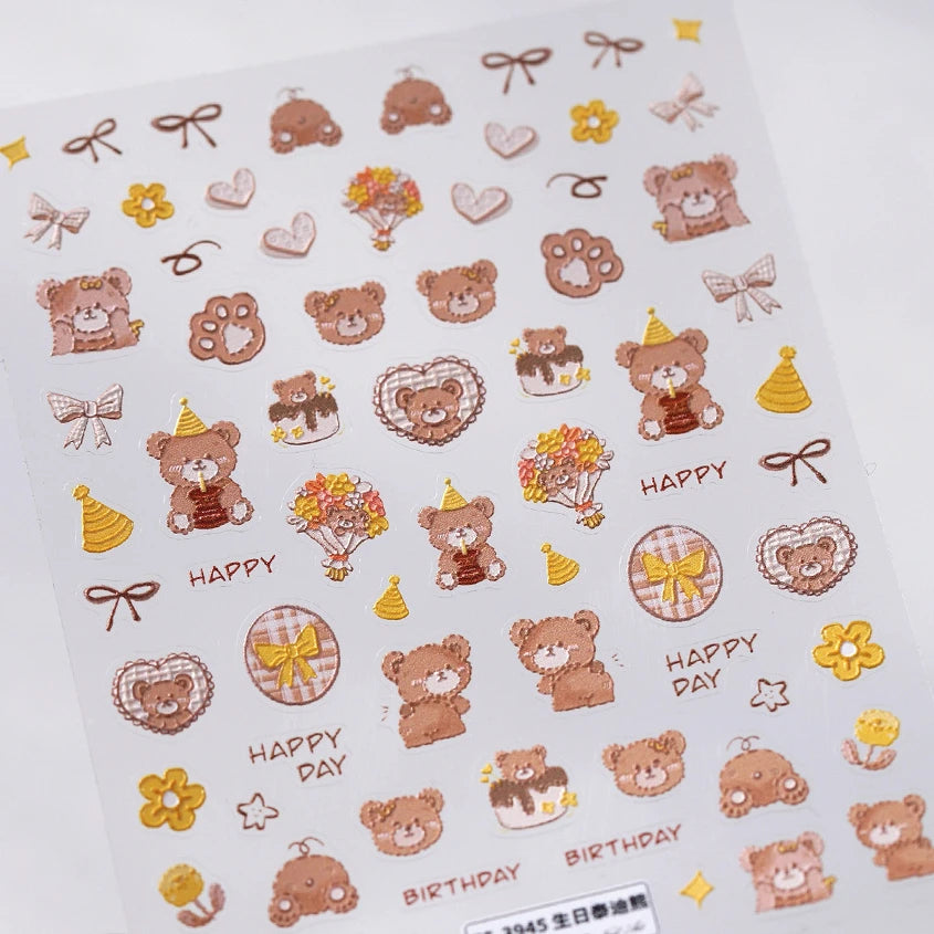 Bear Cake Heart Nail Art Stickers 5D Manicure Decals