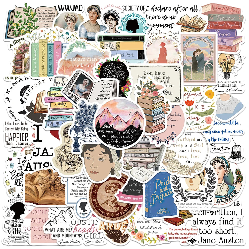 Jane Austen Book Cartoon Stickers 50PCS Skateboard Notebook Fridge Phone Bike Luggage Decals