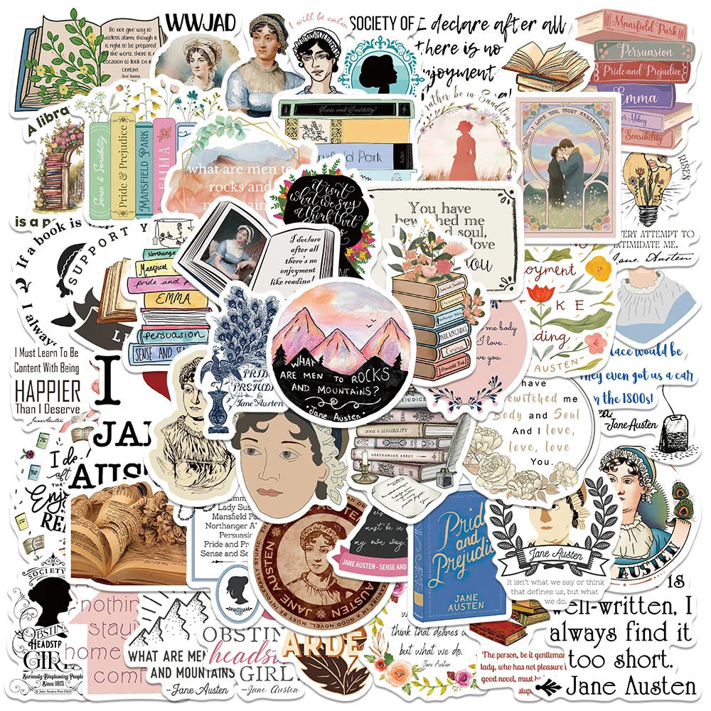 Jane Austen Book Cartoon Stickers 50PCS Skateboard Notebook Fridge Phone Bike Luggage Decals
