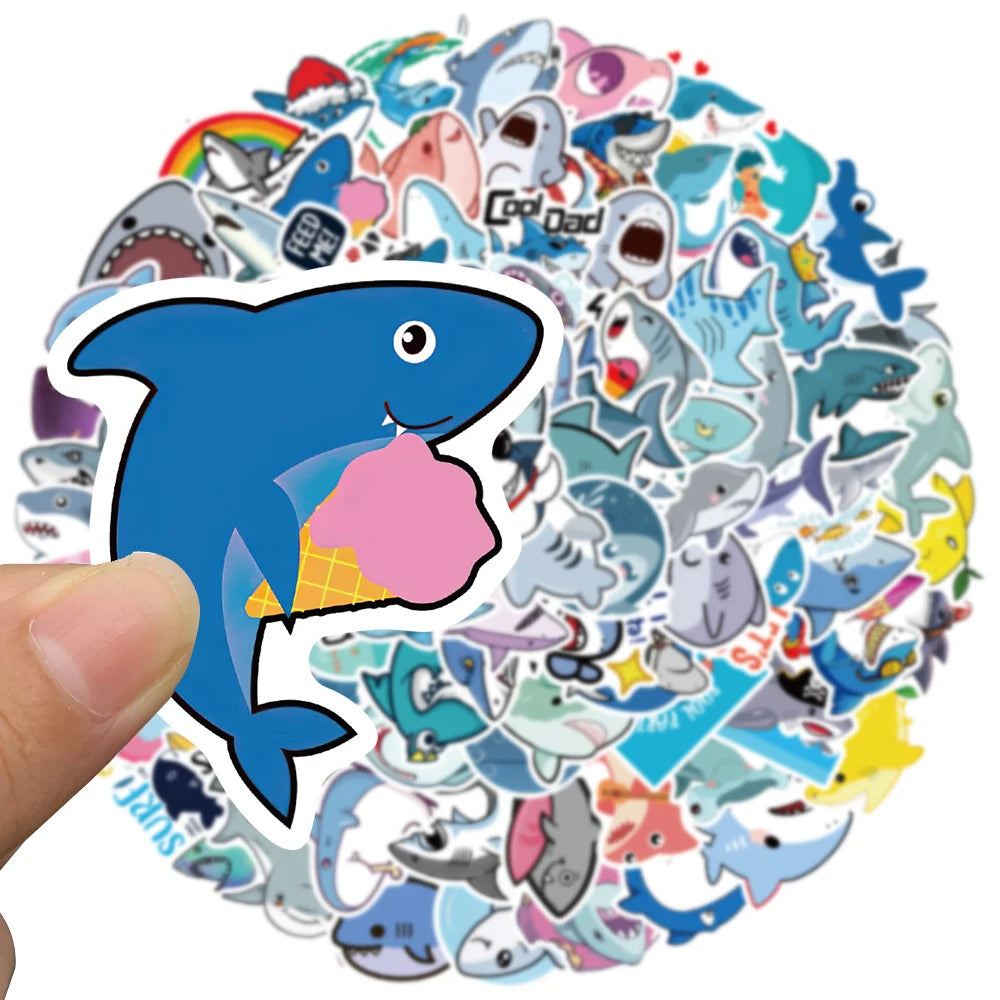 50/100pcs Cute Cartoon Animals Sharks Stickers For Laptop Water Bottle Fridge Waterproof Graffiti Skateboard Car Decals
