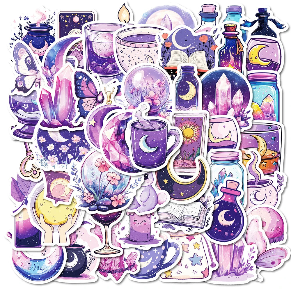 Purple Moon Cartoon Stickers - 10/30/50pcs Aesthetic Decals for Fridge, Laptop, Notebook, Phone