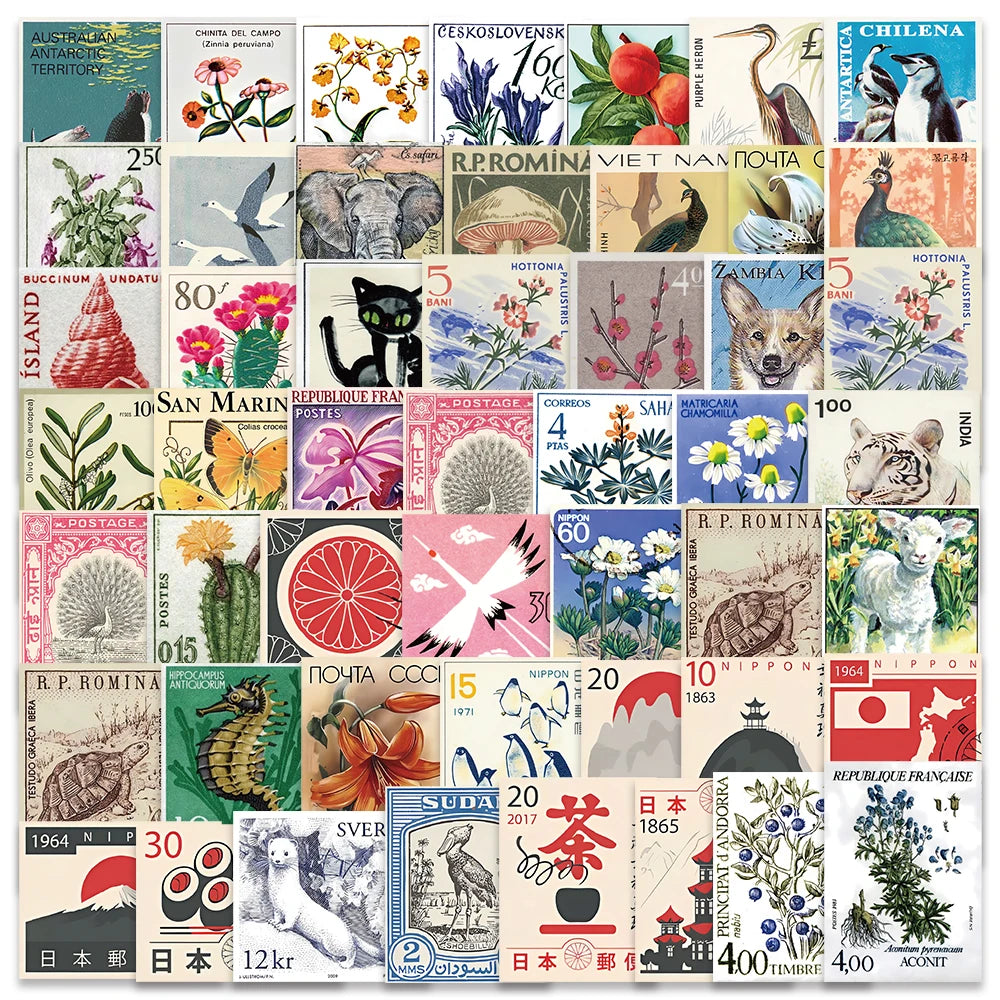 50PCS Vintage Animal Cat Flower Stickers Scrapbook DIY Decals