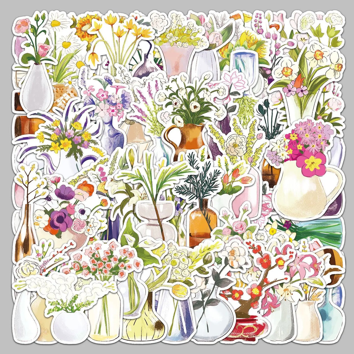 50pcs Cute Cartoon Vase Stickers for Helmet, Desktop, Wall Decoration