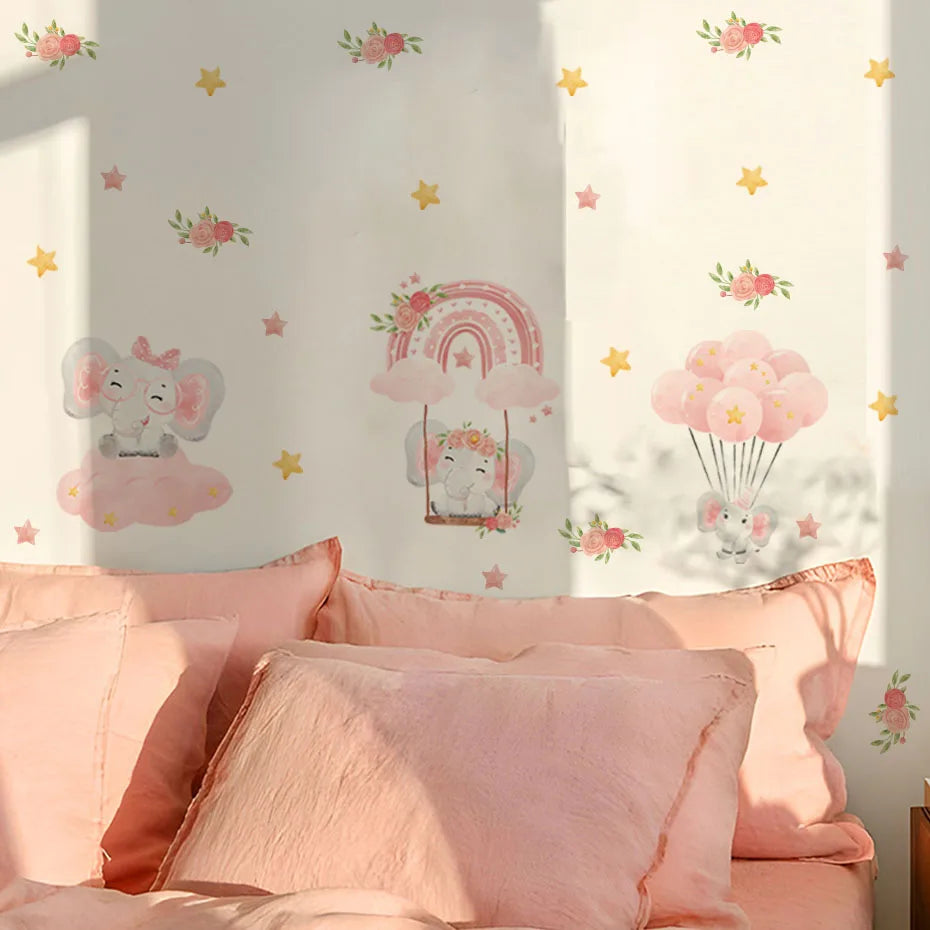 Pink Elephant Balloon Wall Stickers for Nursery or Girls Room