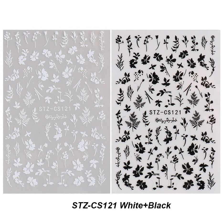 3D Floral Leaf Nail Stickers Black White Flower Adhesive Decals
