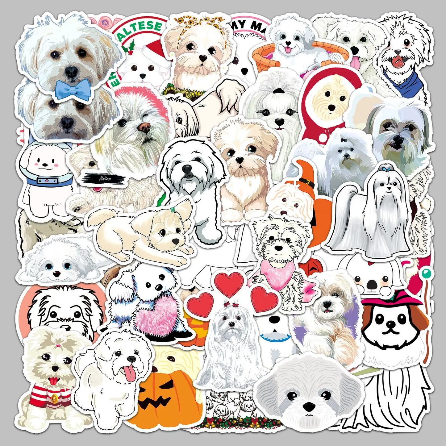 50pcs Cute Maltese Dog Cartoon Stickers for Helmet, Wall, DIY Decoration
