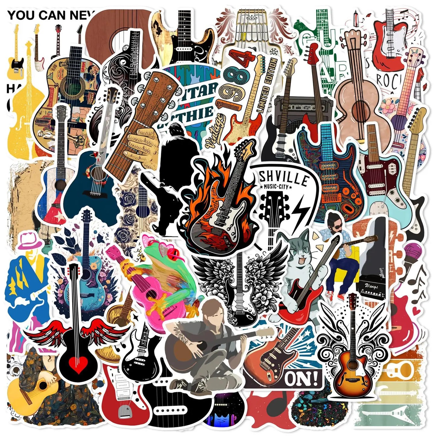 50Pcs Cartoon Guitar Graffiti Stickers for Helmet, Wall, Desktop Decoration