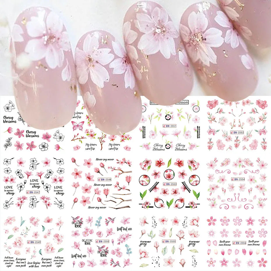 Sakura Flower Nail Stickers Cherry Blossom Decals Floral Manicure Decoration