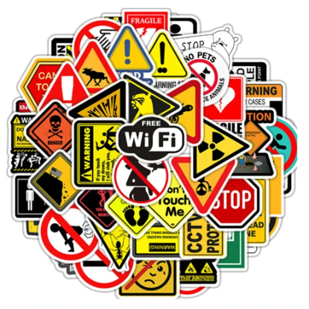 50PCS Warning Stickers Danger Skateboard Fridge Guitar Laptop Motorcycle Decals