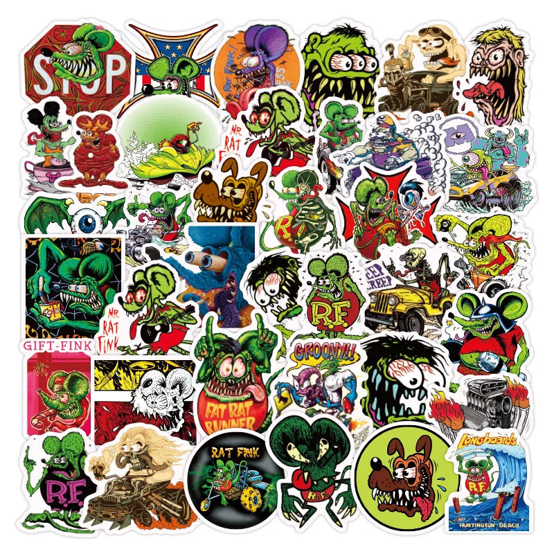 50pcs Rat Fink Cartoon Stickers for Laptop, Phone, Scooter, Suitcase, Water Bottle, Stationery, Refrigerator