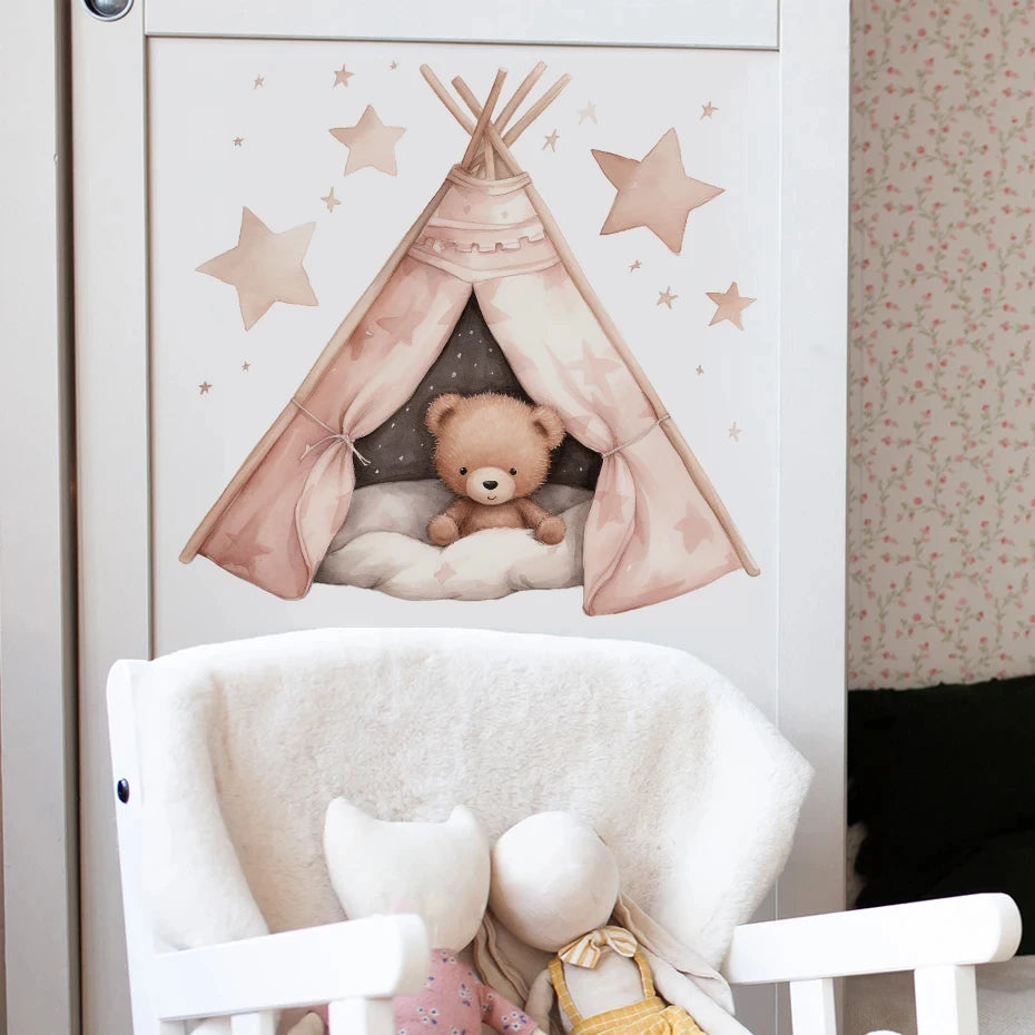 Boho Pink Teddy Bear Stars Tent Wall Stickers for Kids Room Nursery Decor