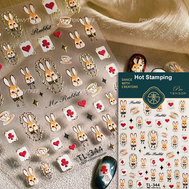 Retro Bunny Bear Nail Art Stickers - Floral Lace Decals