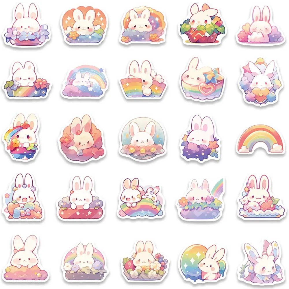 50pcs Cute Cartoon Rainbow Rabbite Animal Stickers For Laptop Phone Guitar Luggage Waterproof Graffiti Vinyl Car Decals