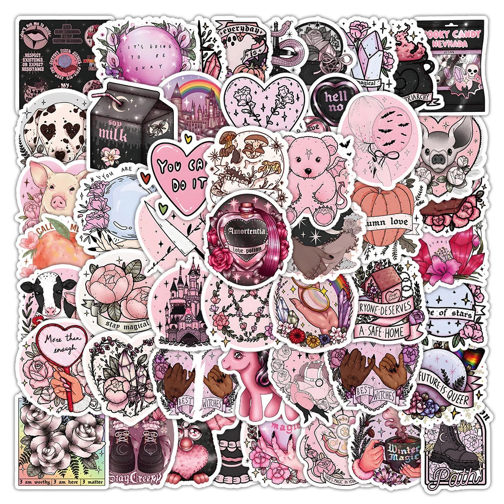 Pink Gothic Crystal Animal Stickers - Waterproof Laptop, Phone, Diary Decor (10/30/50pcs)