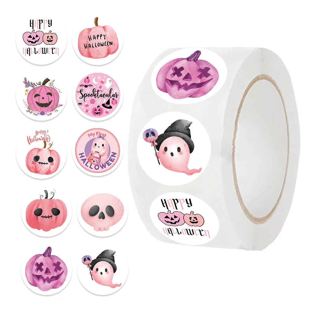 500pcs Pink Halloween Reward Stickers Roll Pumpkin Cute Ghost Decals for School Teacher Kids Student Stationery Stickers
