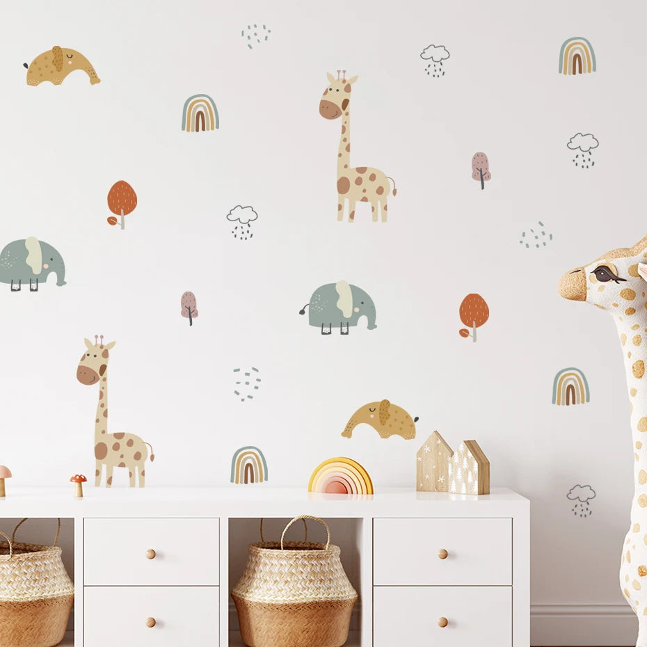 Cartoon Giraffe Elephant Wall Sticker Rainbow Tree Decals Nursery Removable Vinyl Kids Room Decor