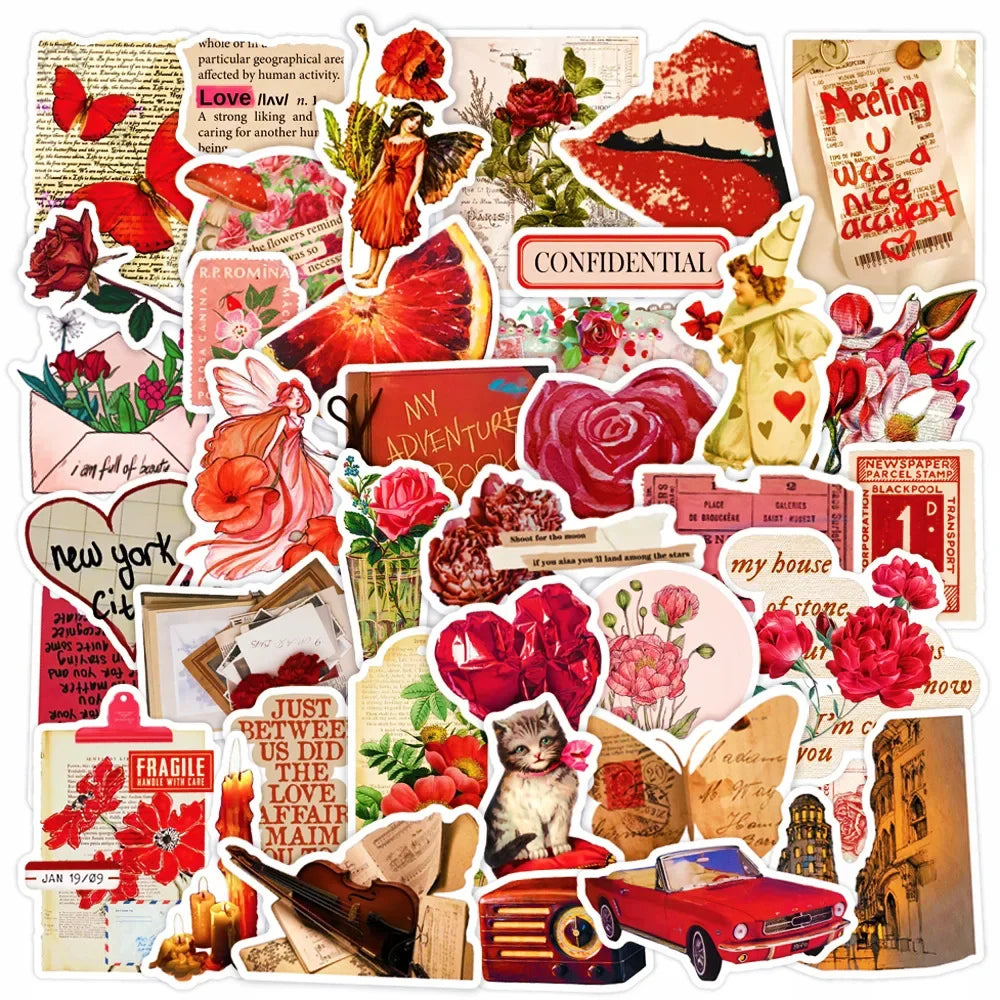 50pcs Red Graffiti Stickers for Helmets, Walls, DIY Decoration Wholesale