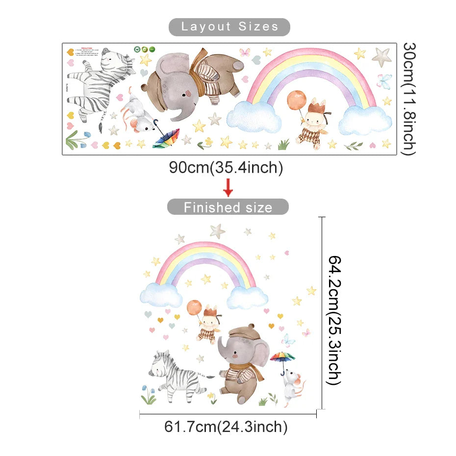 Cartoon Animal Rainbow Wall Stickers for Kids Bedroom Nursery Decor