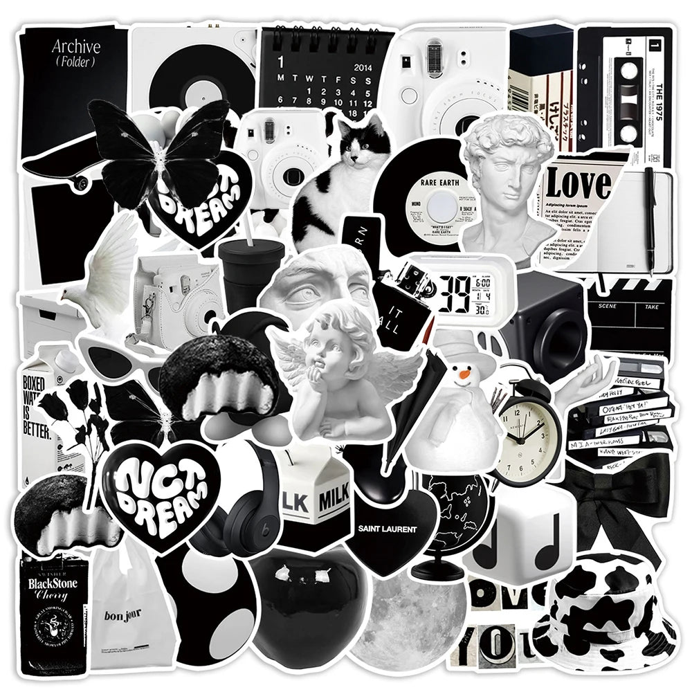 Cute Black White Cartoon Stickers for Suitcase Phone Fridge Skateboard