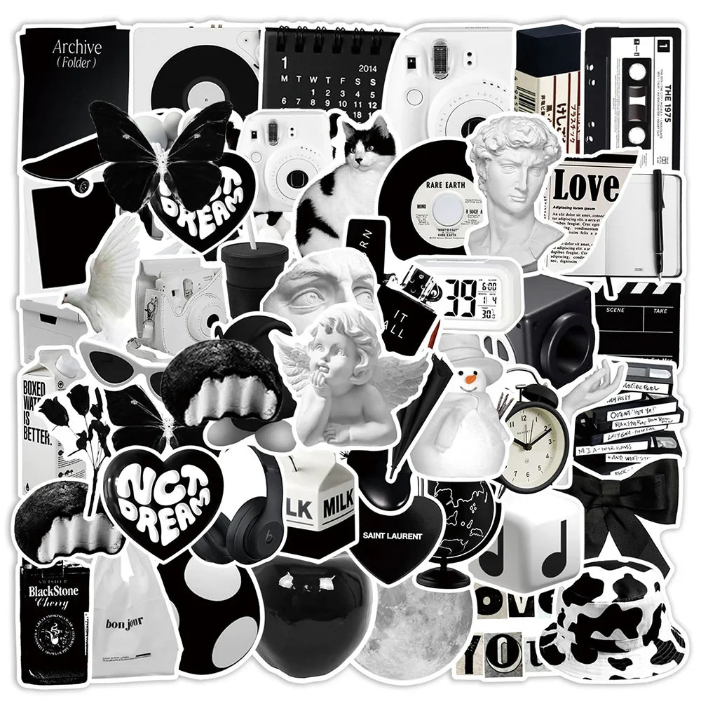Cute Black White Cartoon Stickers for Suitcase Phone Fridge Skateboard