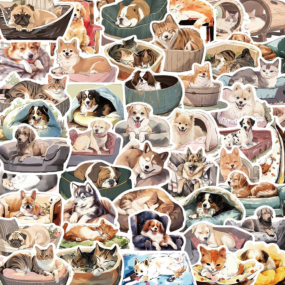 Cute Animal Stickers Pack - Dog Cat Cartoon Decals for Laptop, Phone, Fridge, Aesthetic Decor
