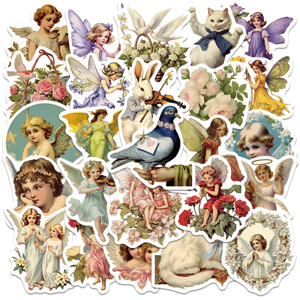 50pcs Retro Cartoon Aesthetic Fairy Tale Angels Stickers Water Bottle Decals Luggage Guitar Phone Waterproof Graffiti