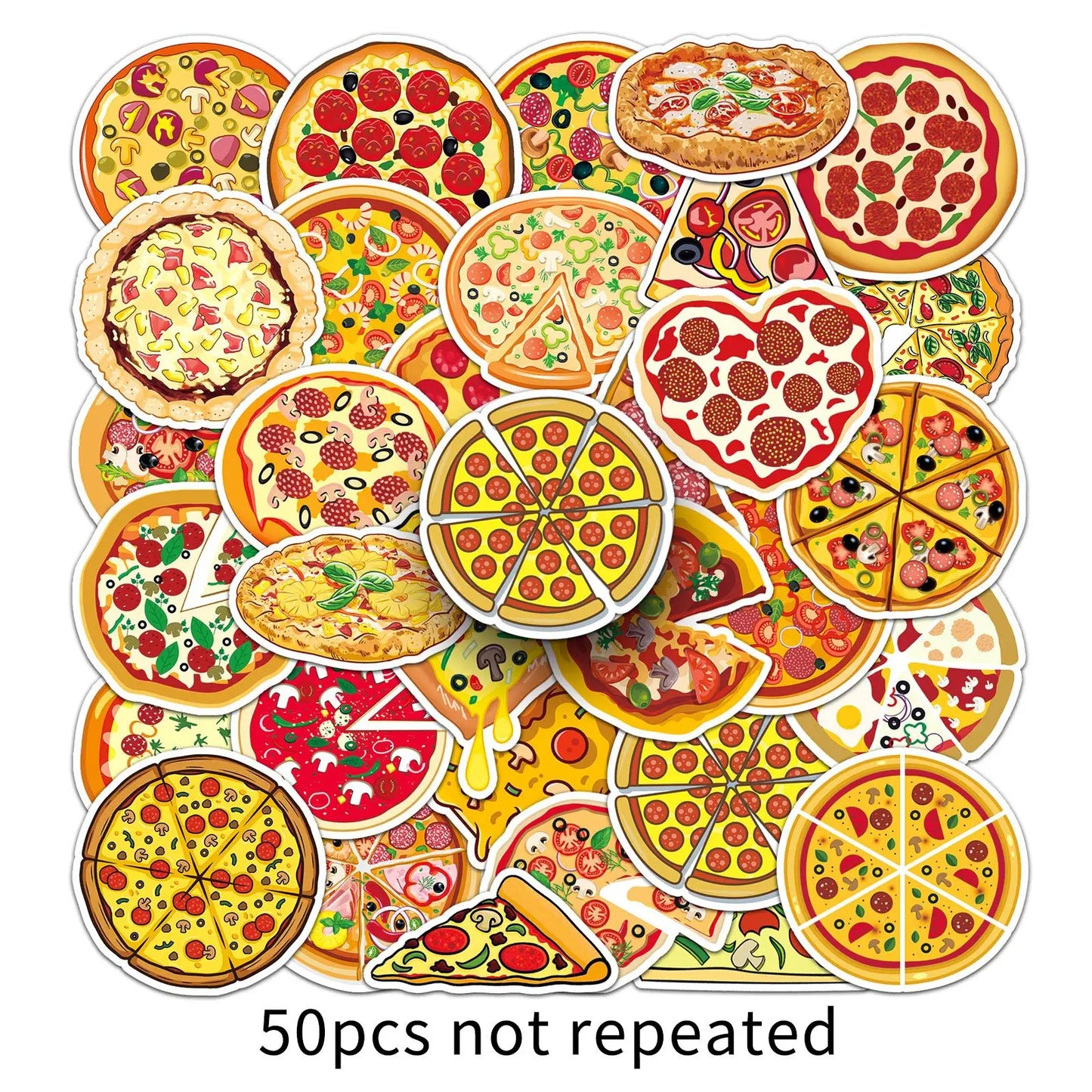 50pcs Cartoon Pizza Stickers for Helmet, Wall, Desktop Decoration