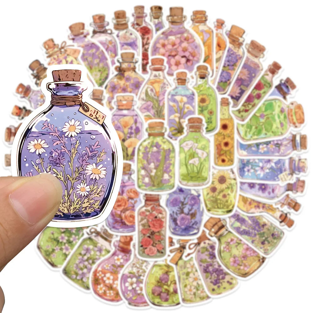 50pcs Aesthetic Cute Cartoon Glass Bottle Flowers Stickers For Luggage Guitar Laptop Phone Waterproof Graffiti Vinyl Decals