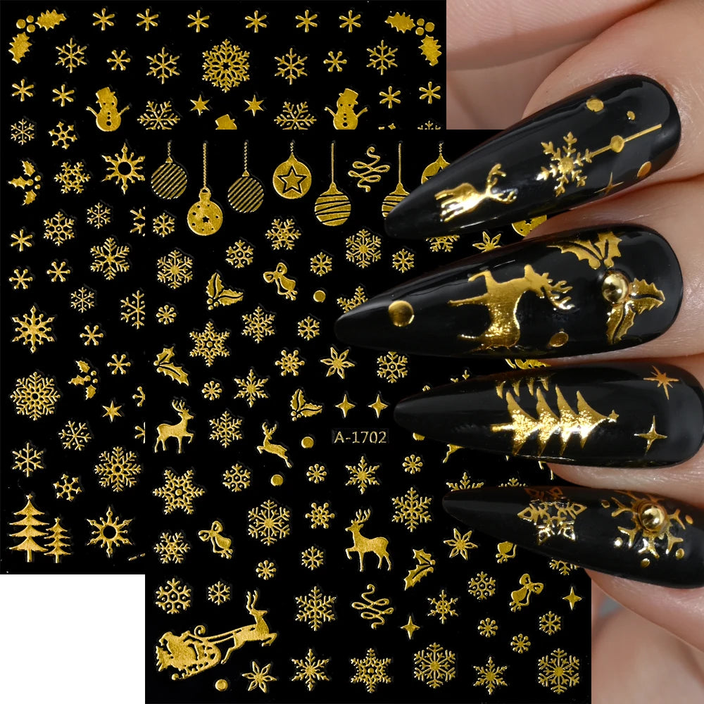 Gold Glitter Snowflake Nail Stickers Xmas New Year Decor